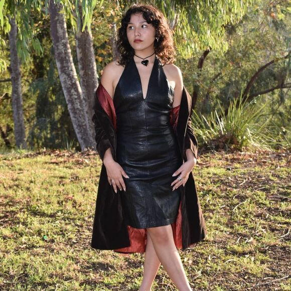 Andrew Marc Dresses & Skirts - Vintage Andrew Marc Black Leather Halter Deep V Dress- S